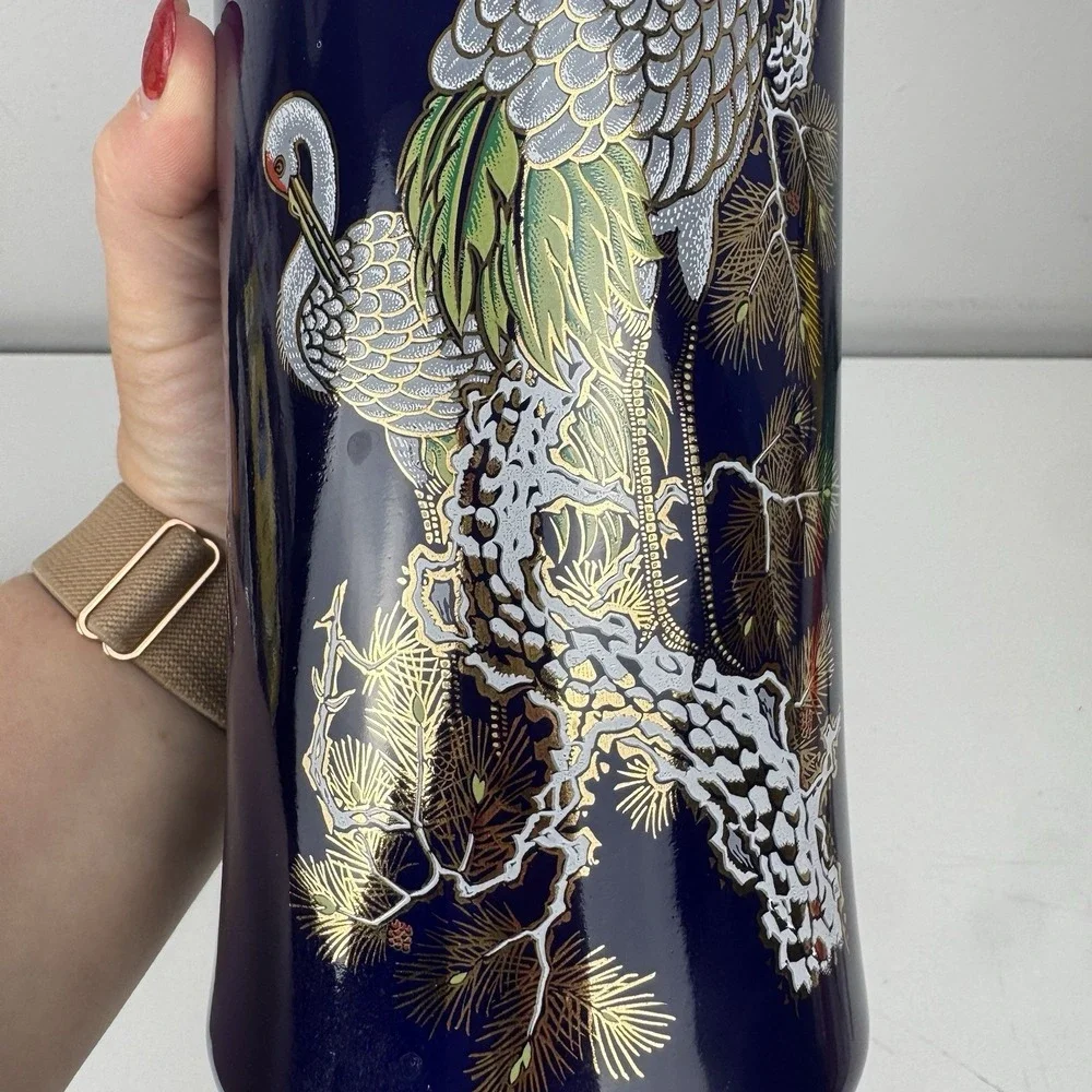 Vtg‎ 1960s Cobalt Blue Japanese Crane Vase Gold Trim Porcelain Japan 11